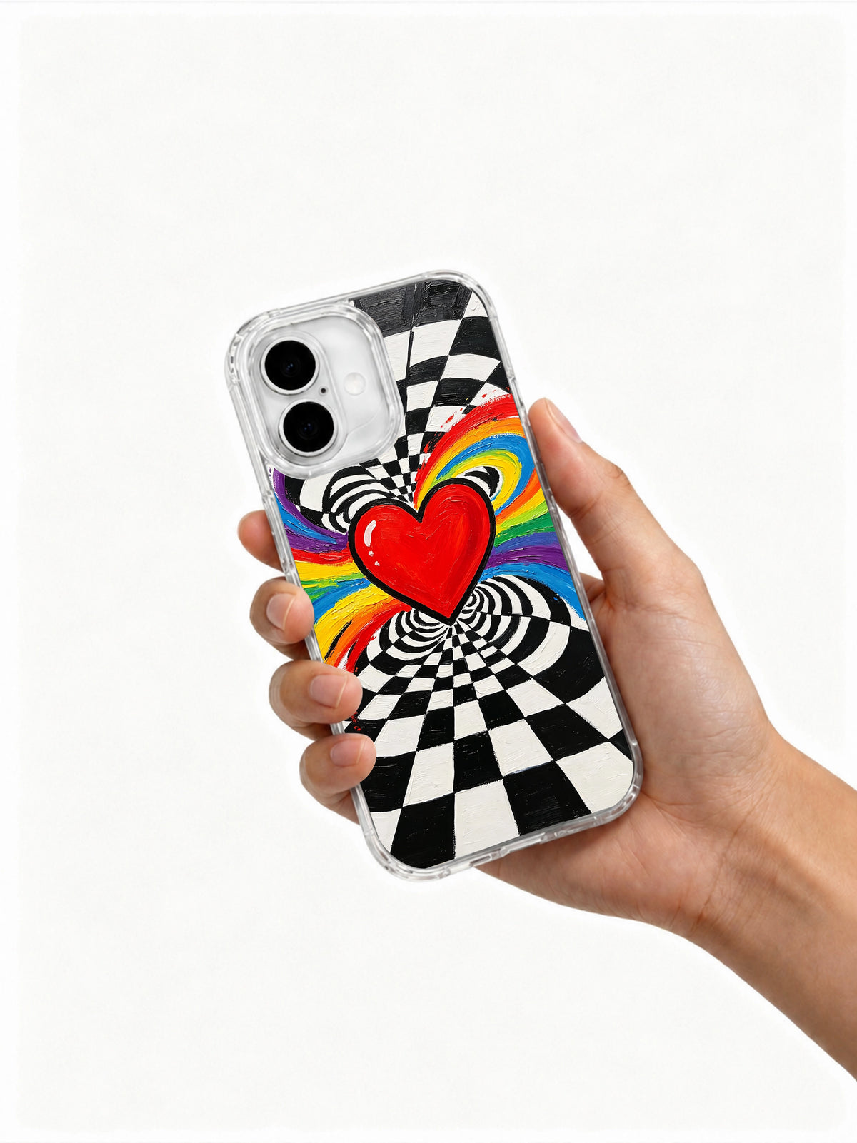 Electric Love Pulse iPhone 16 Plus case held in hand
