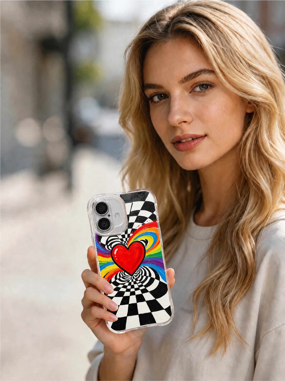 Electric Love Pulse iPhone 16 Plus case lifestyle view