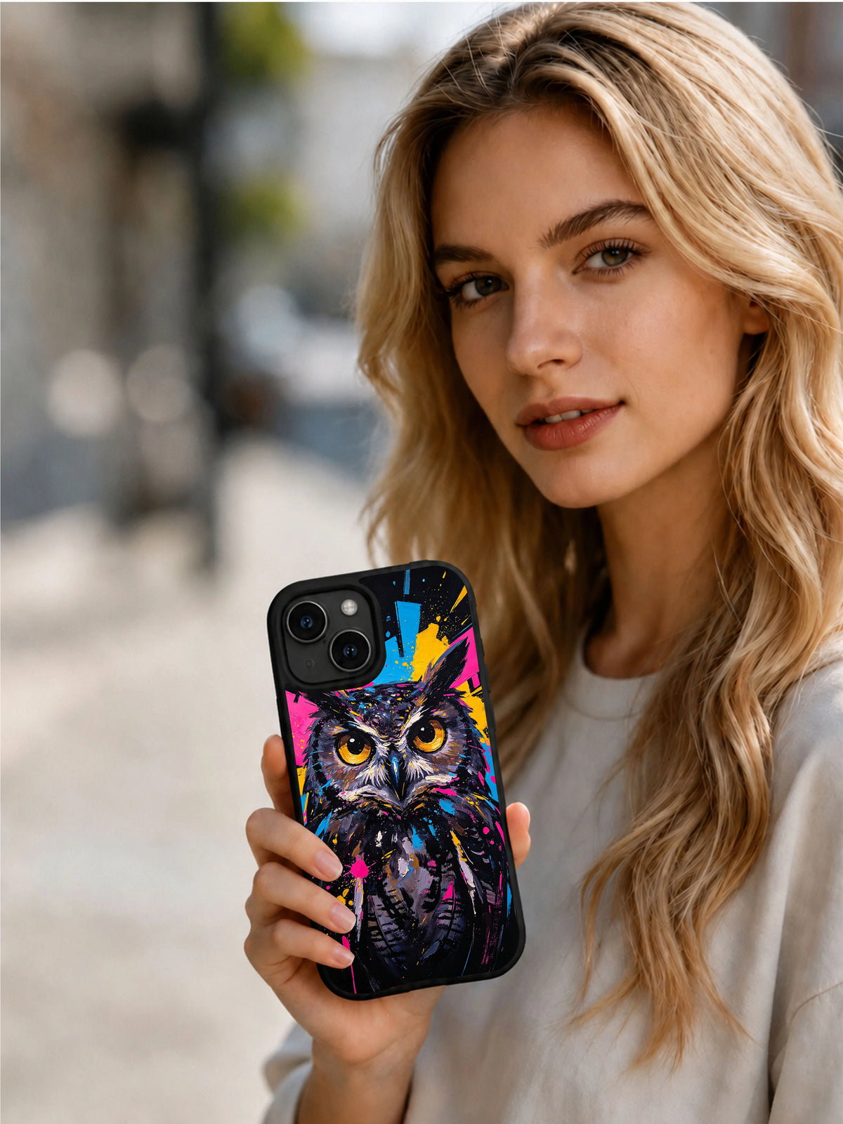 Electric Owl Vision iPhone 15 Plus case lifestyle view
