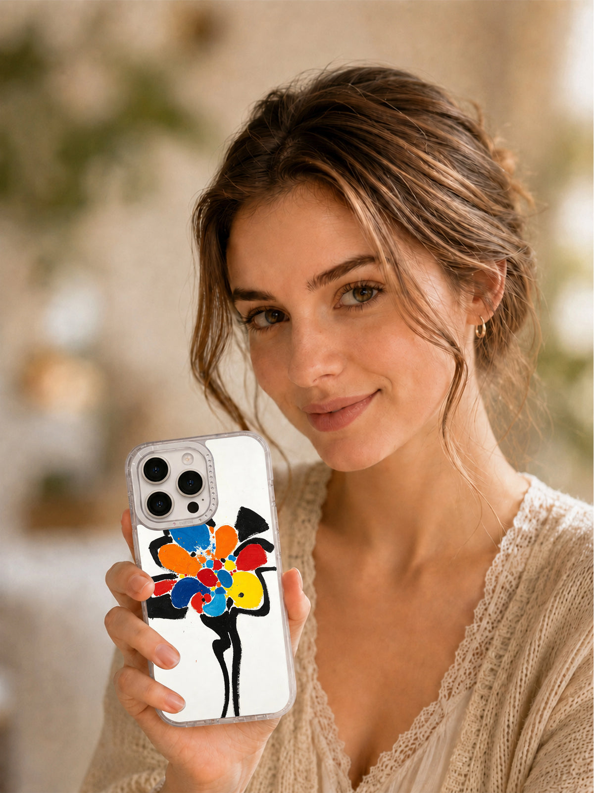 Artist-designed abstract flower iPhone 16 Pro Max case lifestyle view