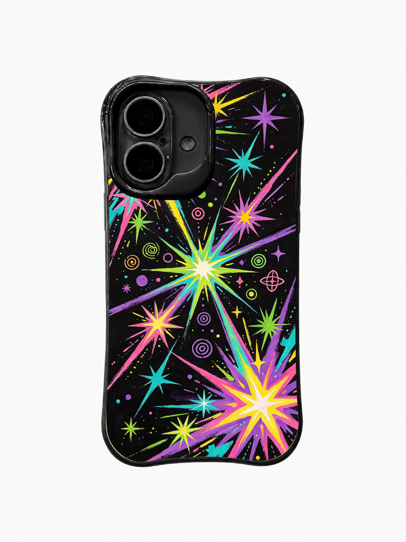 Electric Rainbow Galaxy iPhone 16 Case – Black Neon Art