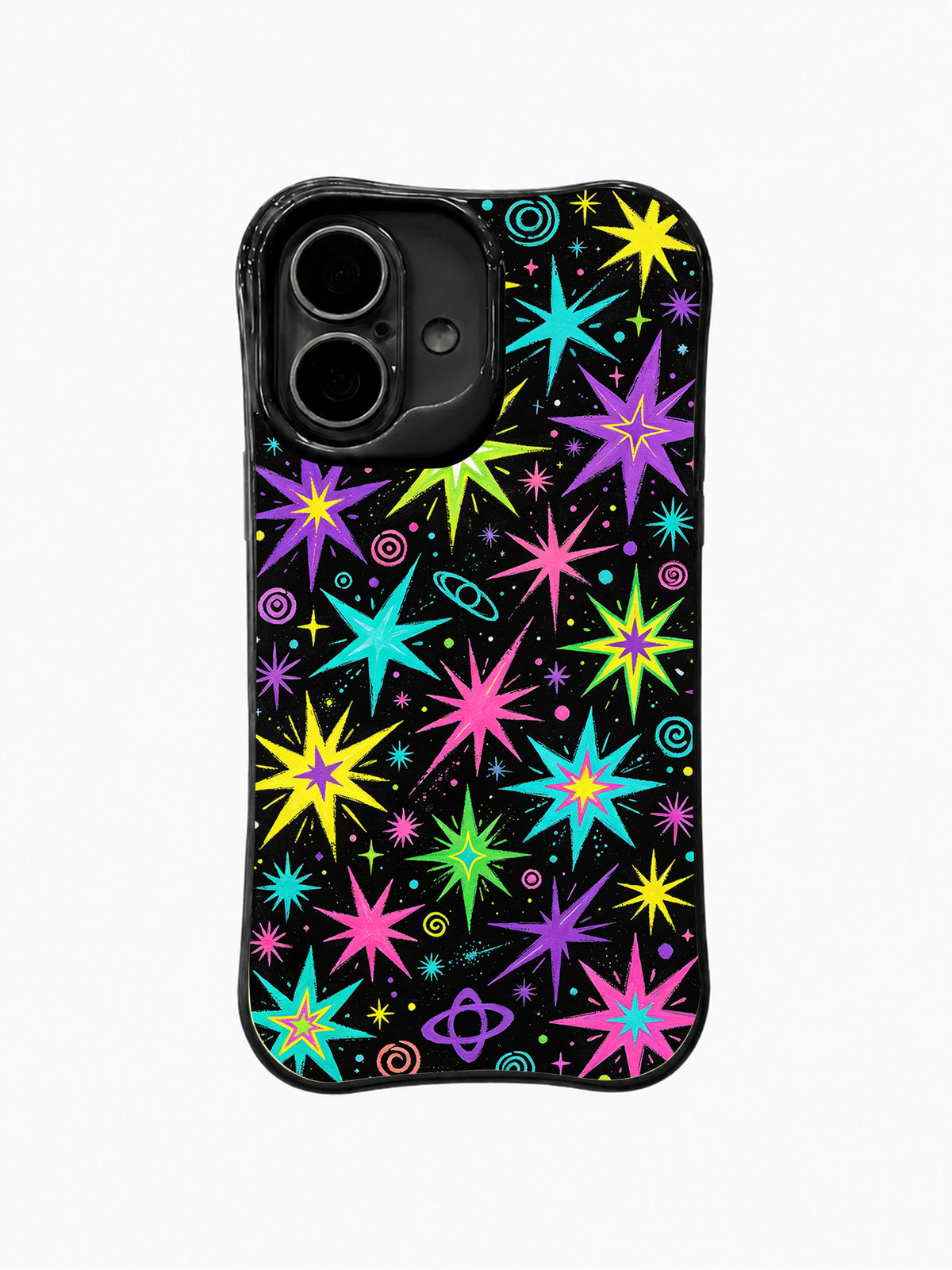 Rainbow Star Field: Many pointed neon stars repeat with planets and spirals on black.