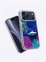 Angled view of Electric Reef Dance artwork on a transparent iPhone case