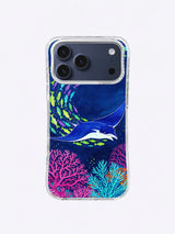 Blue Current Spiral manta ray iPhone case artwork with circular tropical fish school