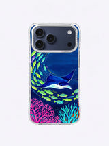 Green Shoal Crossing reef case art with manta ray over magenta coral
