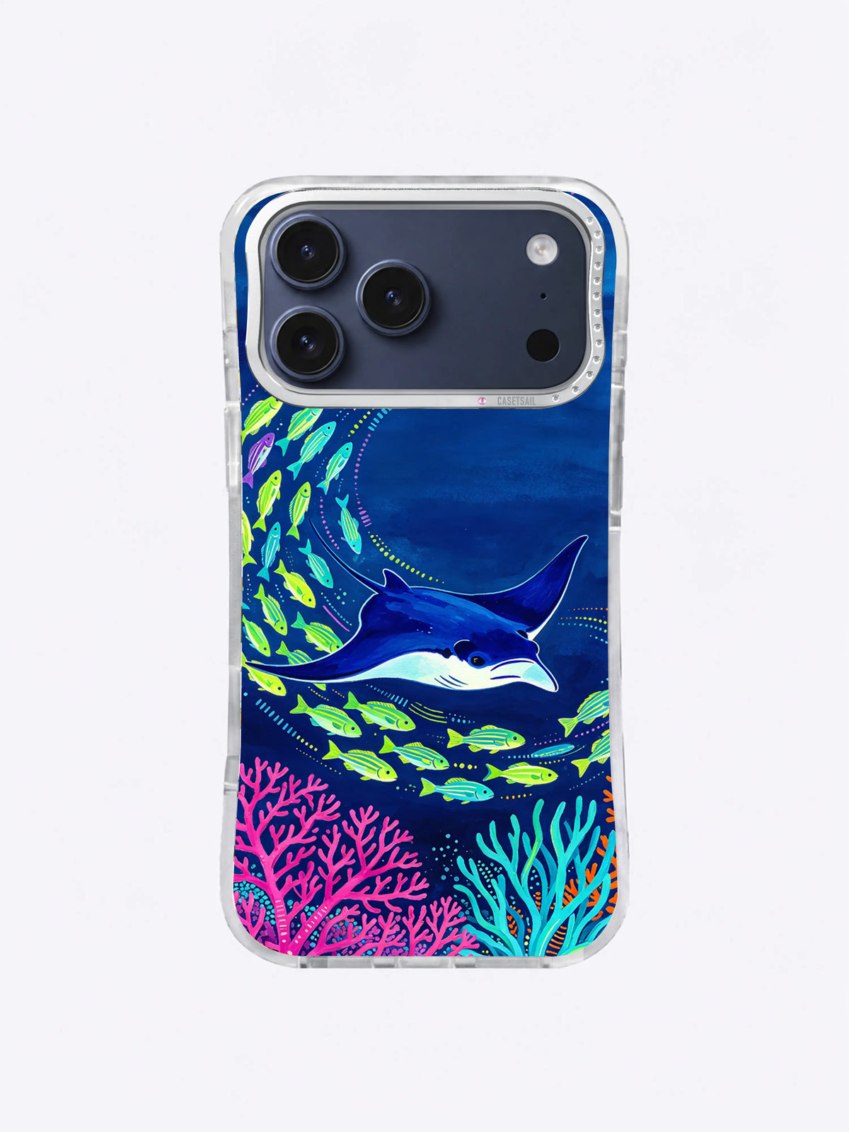 Green Shoal Crossing reef case art with manta ray over magenta coral