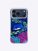 Violet Reef Passage manta ray phone case art with purple fish and cyan plants