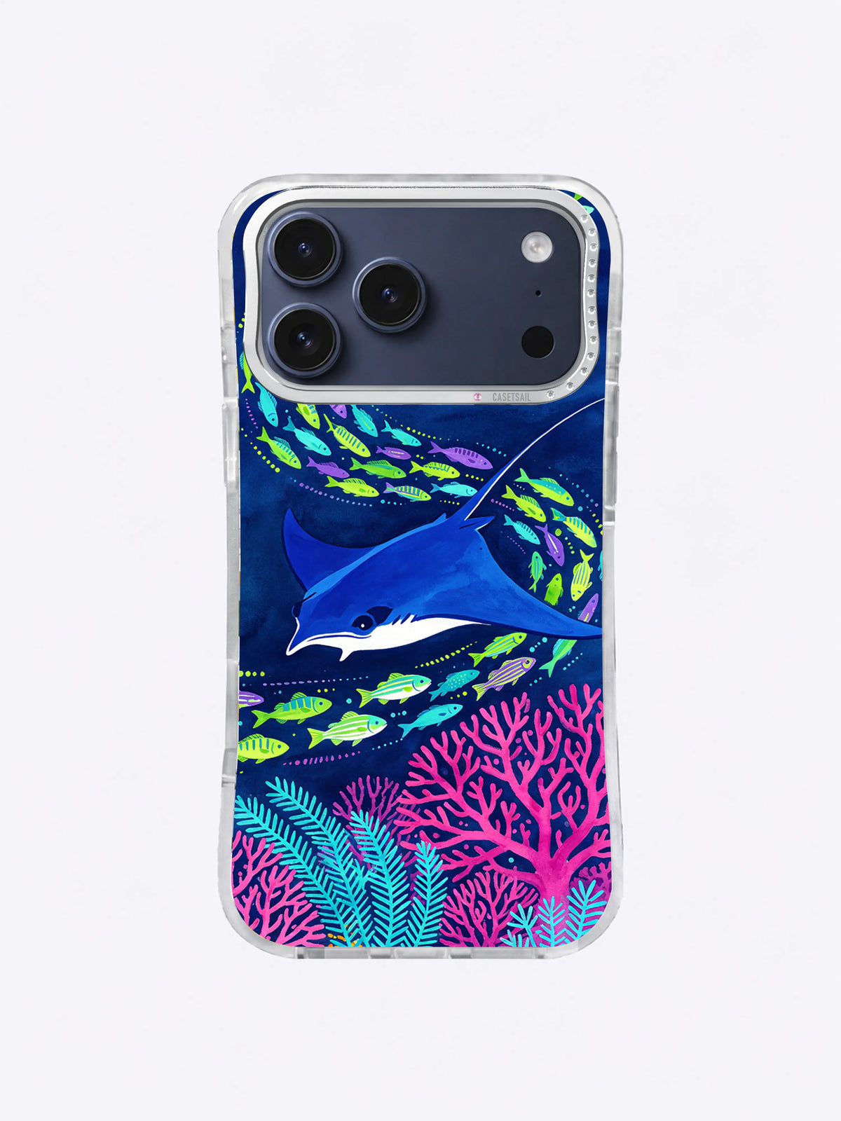 Violet Reef Passage manta ray phone case art with purple fish and cyan plants