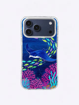 Coral Festival Turn manta ray iPhone case artwork in cobalt magenta and lime
