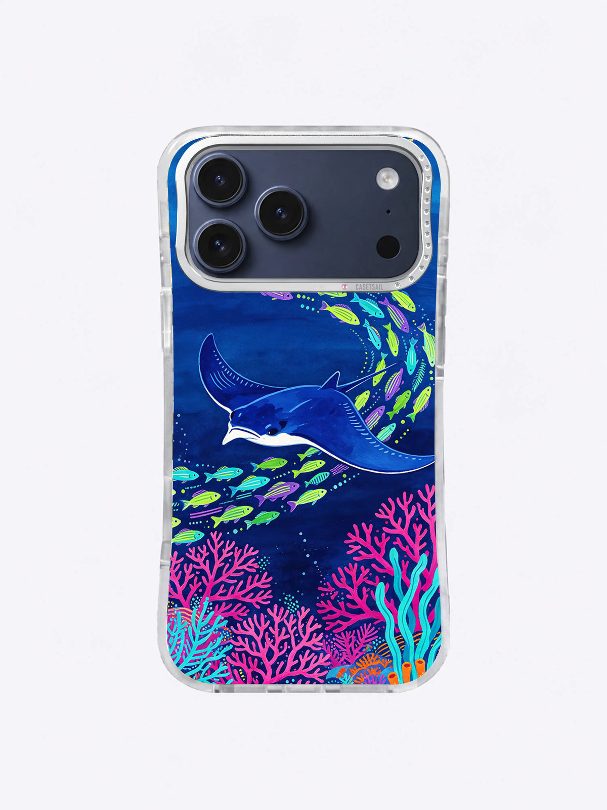 Coral Festival Turn manta ray iPhone case artwork in cobalt magenta and lime