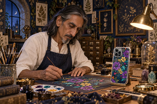 AI studio visualization of Elias Nocturne creating phone-case artwork, with a finished case on a stand