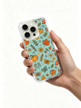 Teal autumn butterfly iPhone 14 Pro case hand view
