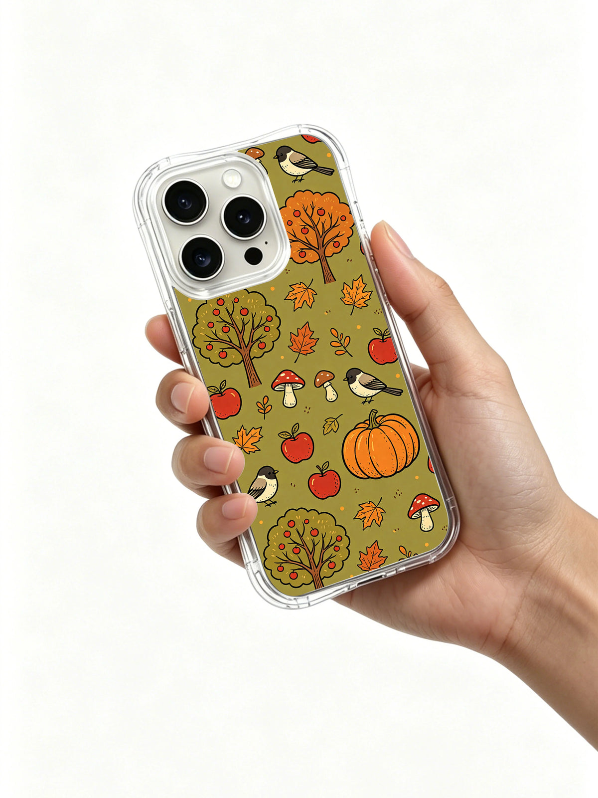 Chickadee pumpkin orchard iPhone 14 Pro case hand view