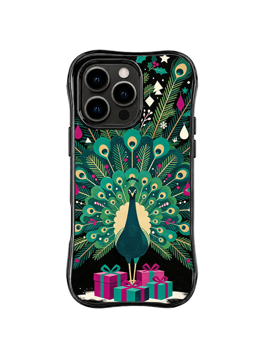 Emerald peacock fan with teardrop ornaments and magenta teal gifts on a black iPhone 15 Pro case