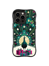 Stylized peacock with ivory feather fan, evergreen branches and wrapped gifts on an iPhone 15 Pro case
