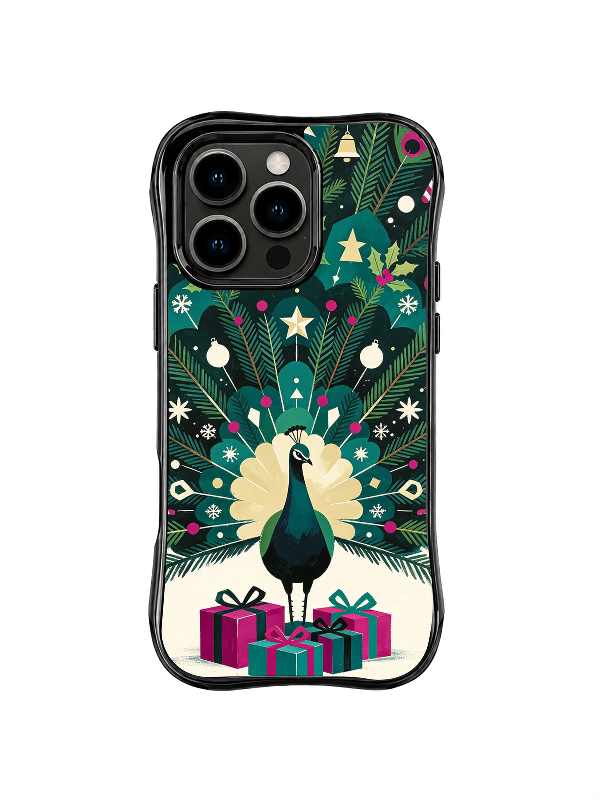 Stylized peacock with ivory feather fan, evergreen branches and wrapped gifts on an iPhone 15 Pro case