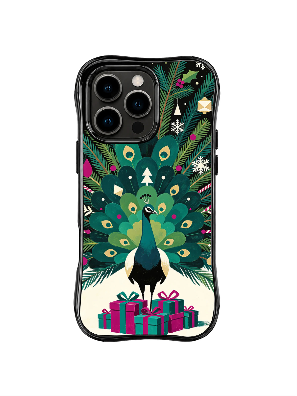 Layered emerald peacock tail with teal eyespots, paper stars and bright Christmas gifts on an iPhone 15 Pro case