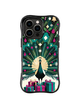 Peacock framed by emerald fir branches, magenta ornaments and gift boxes on a black iPhone 15 Pro case