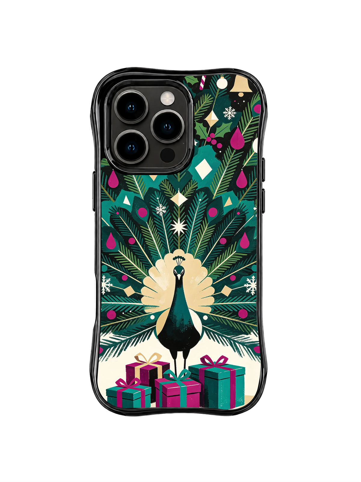 Peacock framed by emerald fir branches, magenta ornaments and gift boxes on a black iPhone 15 Pro case