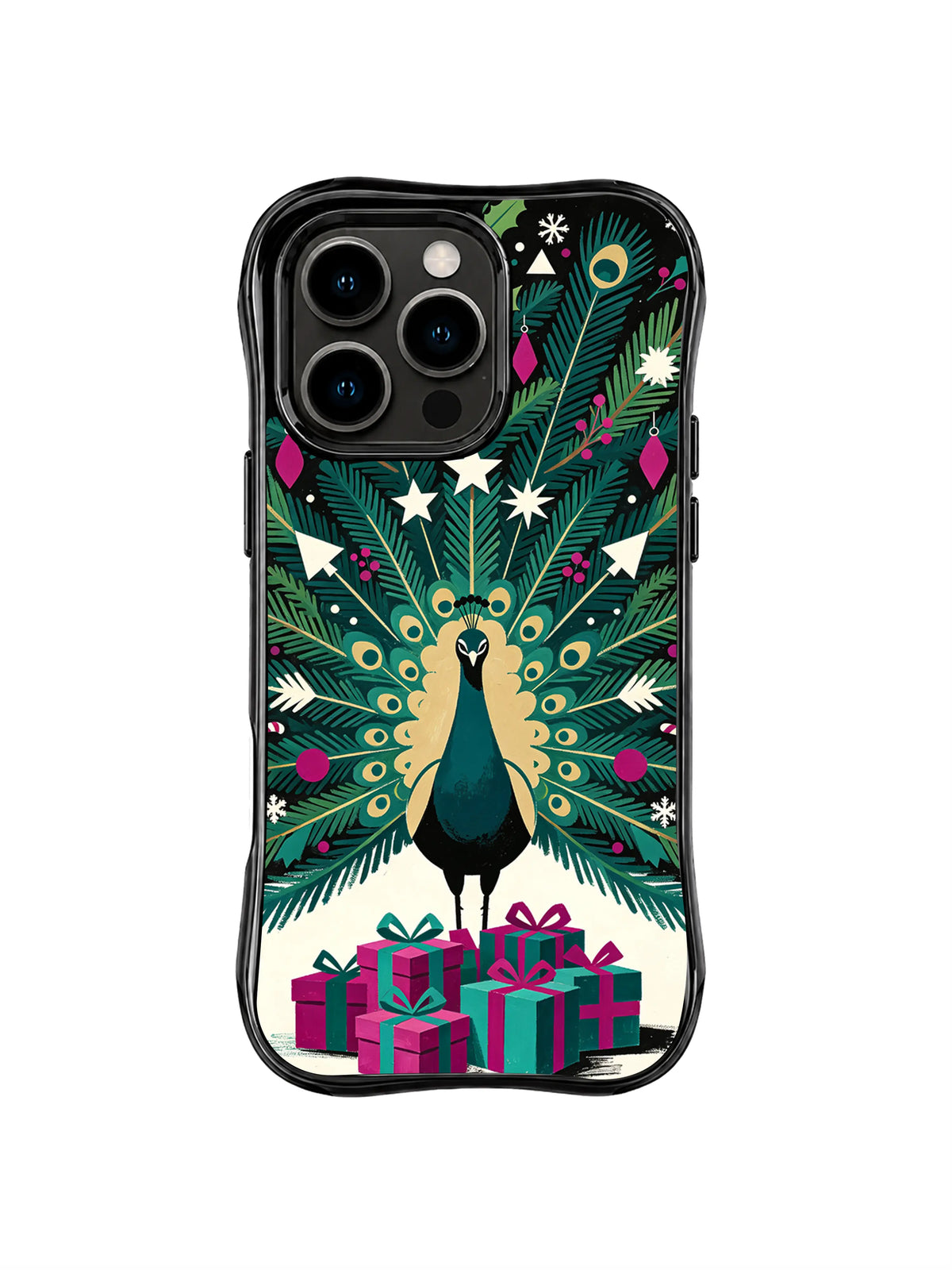 Emerald peacock beneath paper stars and geometric snowflakes with jewel-tone gifts on an iPhone 15 Pro case