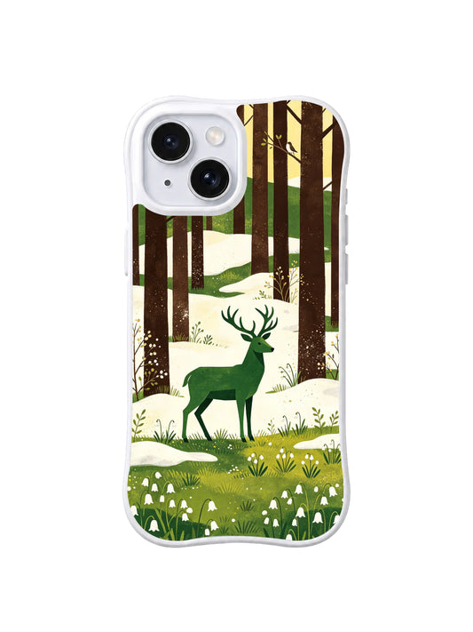 Emerald green stag in a thawing forest bellflower clearing on an iPhone 13 case