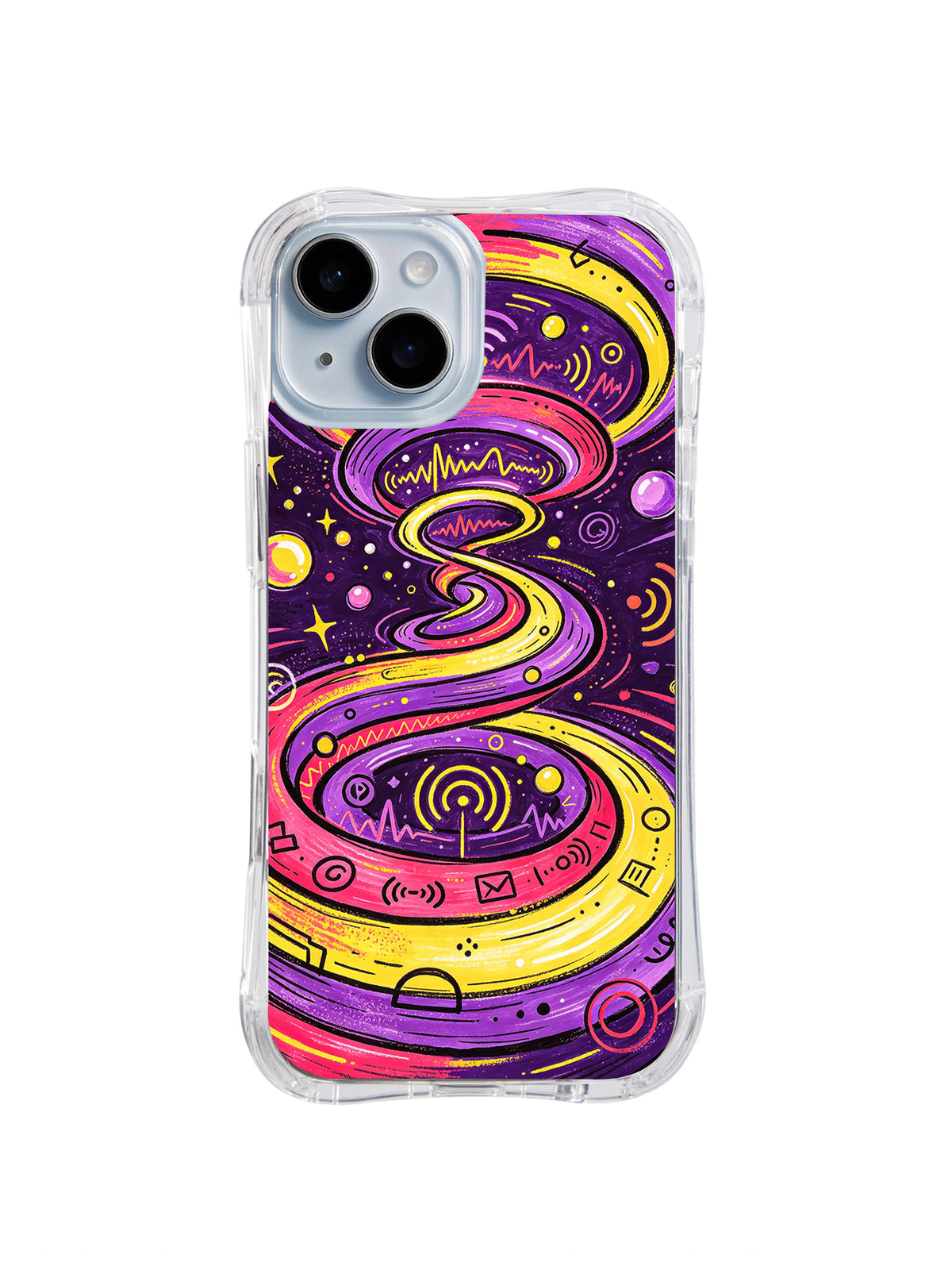 Emotion Radio Waves iPhone 15 Plus case with colorful cosmic signal artwork
