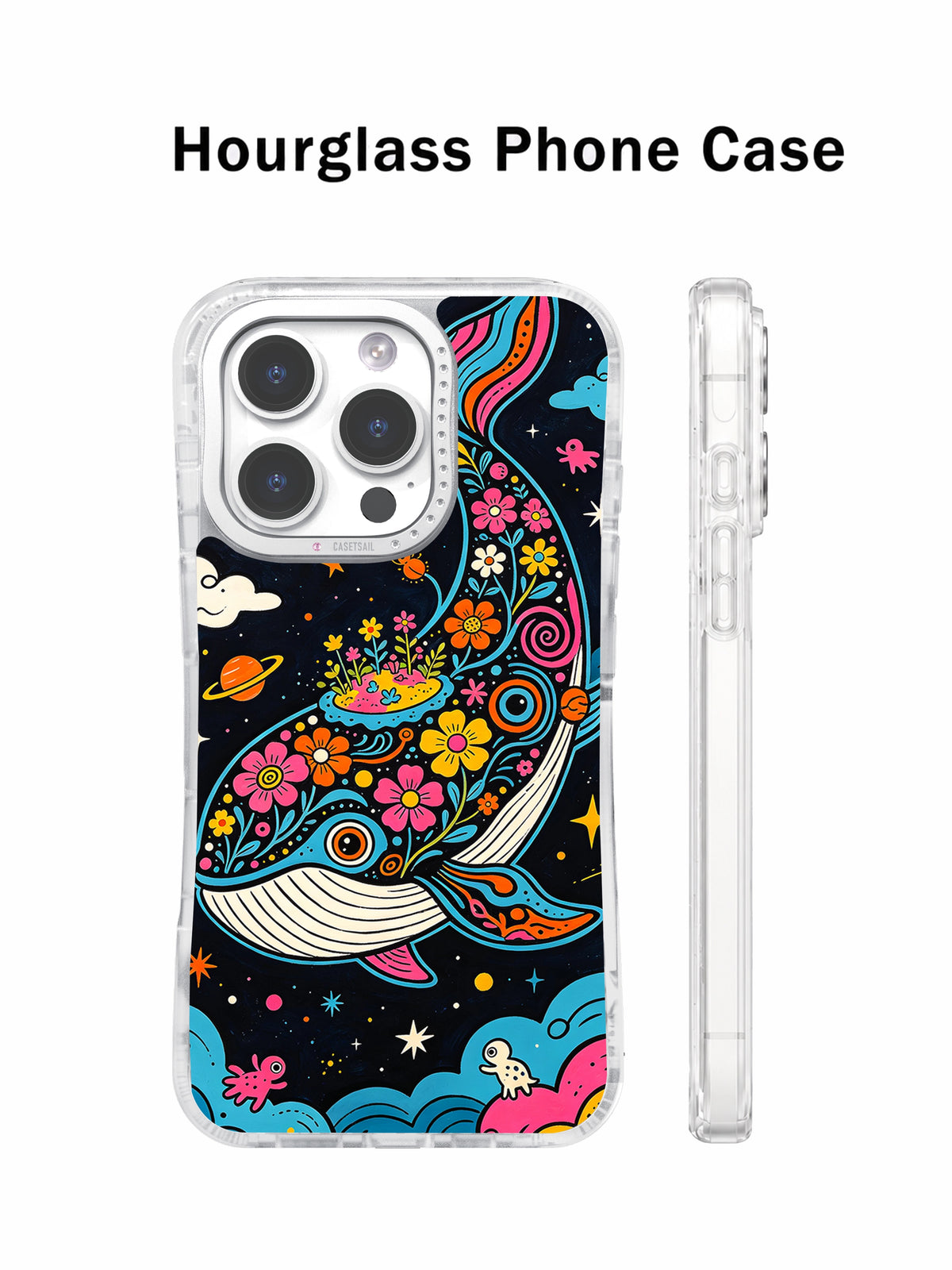 Colorful cosmic whale phone case front and side view