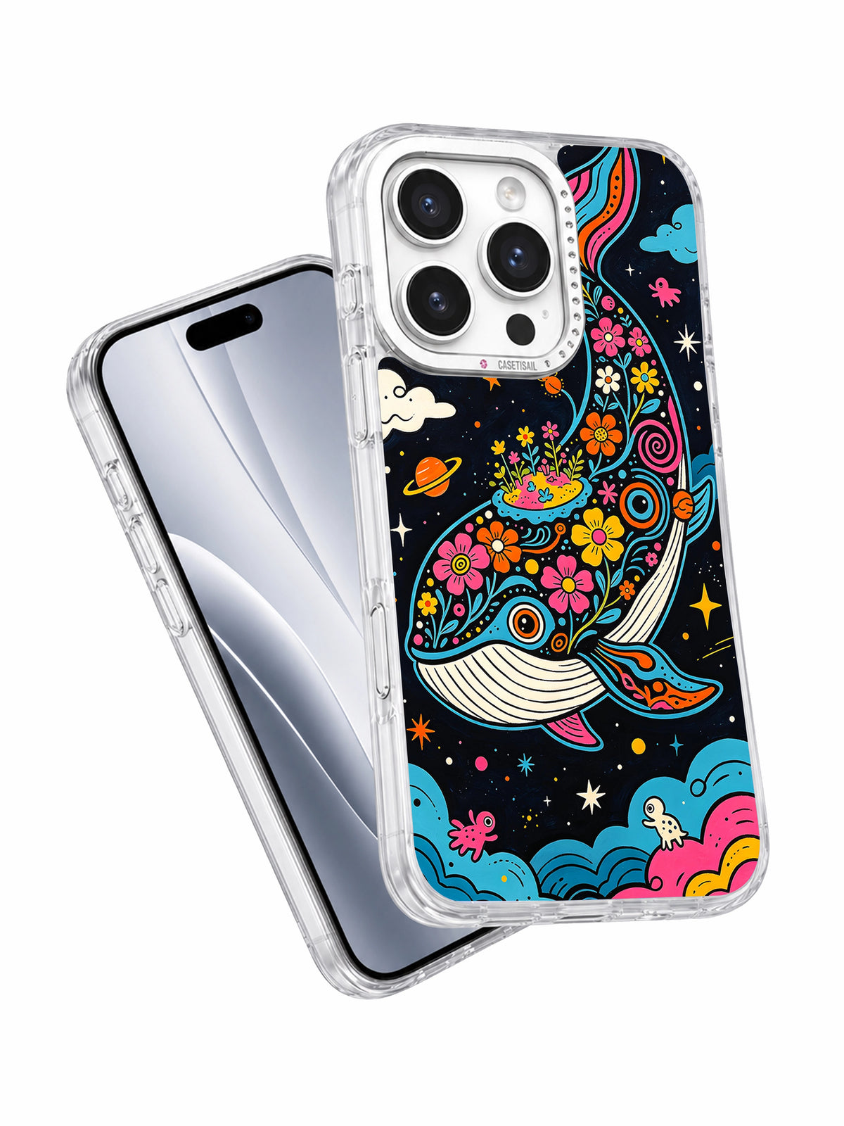 Floral celestial whale iPhone case angled view