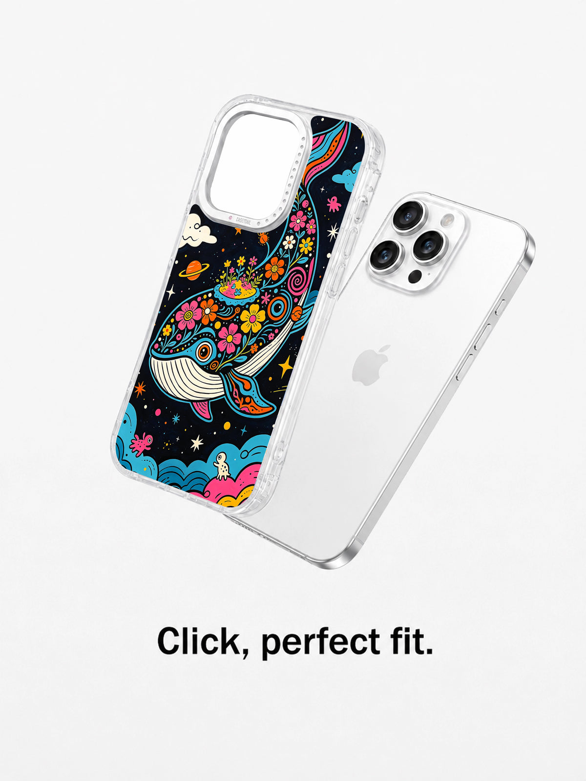 Clear cosmic whale case aligned with iPhone 15 Pro Max
