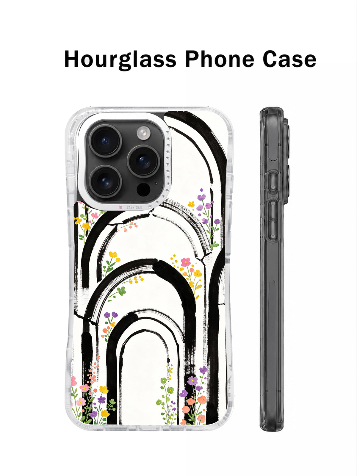 Black arch floral hourglass phone case shown from the back and side