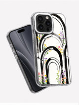 Floral arch iPhone 16 Pro Max case displayed at an angle with black phone