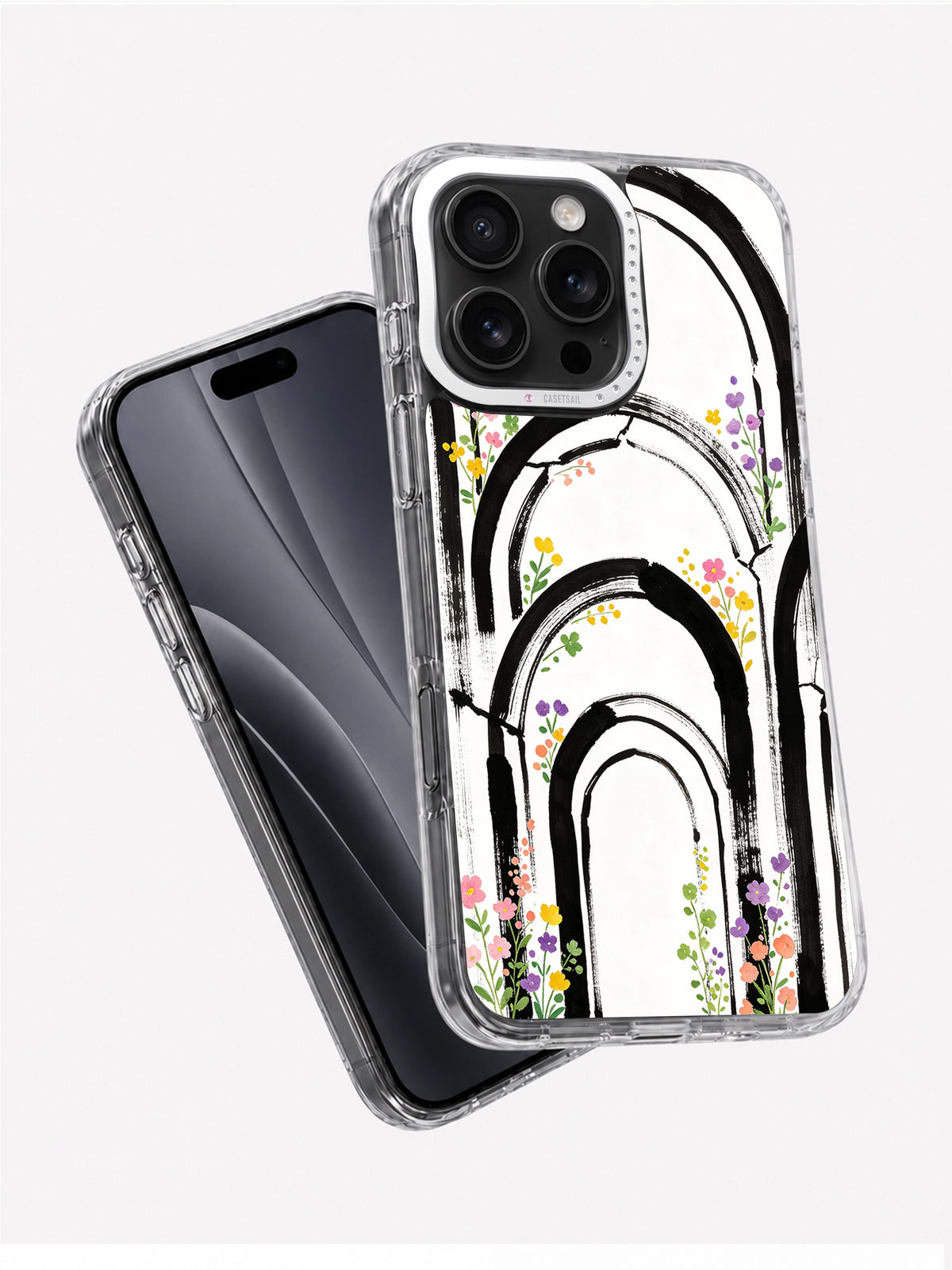 Floral arch iPhone 16 Pro Max case displayed at an angle with black phone