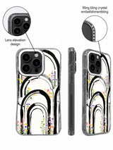Close-up of raised crystal-accented camera frame on abstract rainbow case