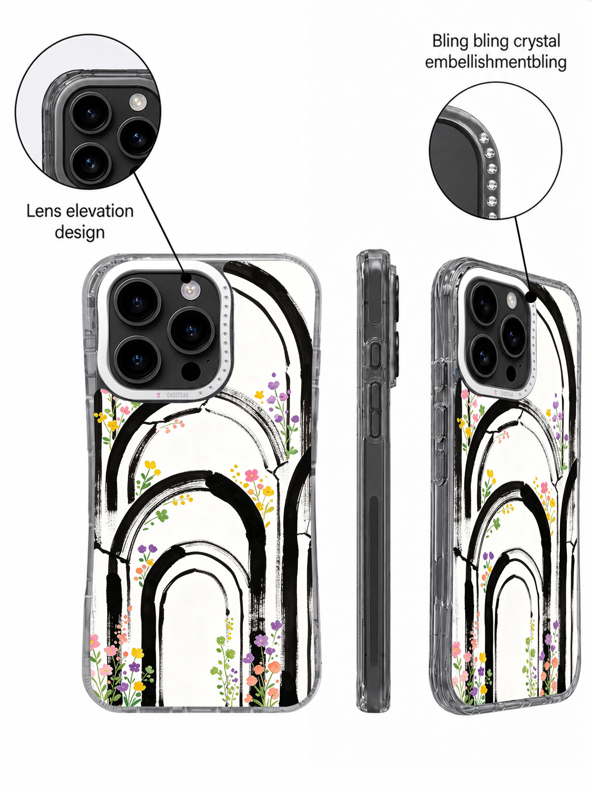 Close-up of raised crystal-accented camera frame on abstract rainbow case