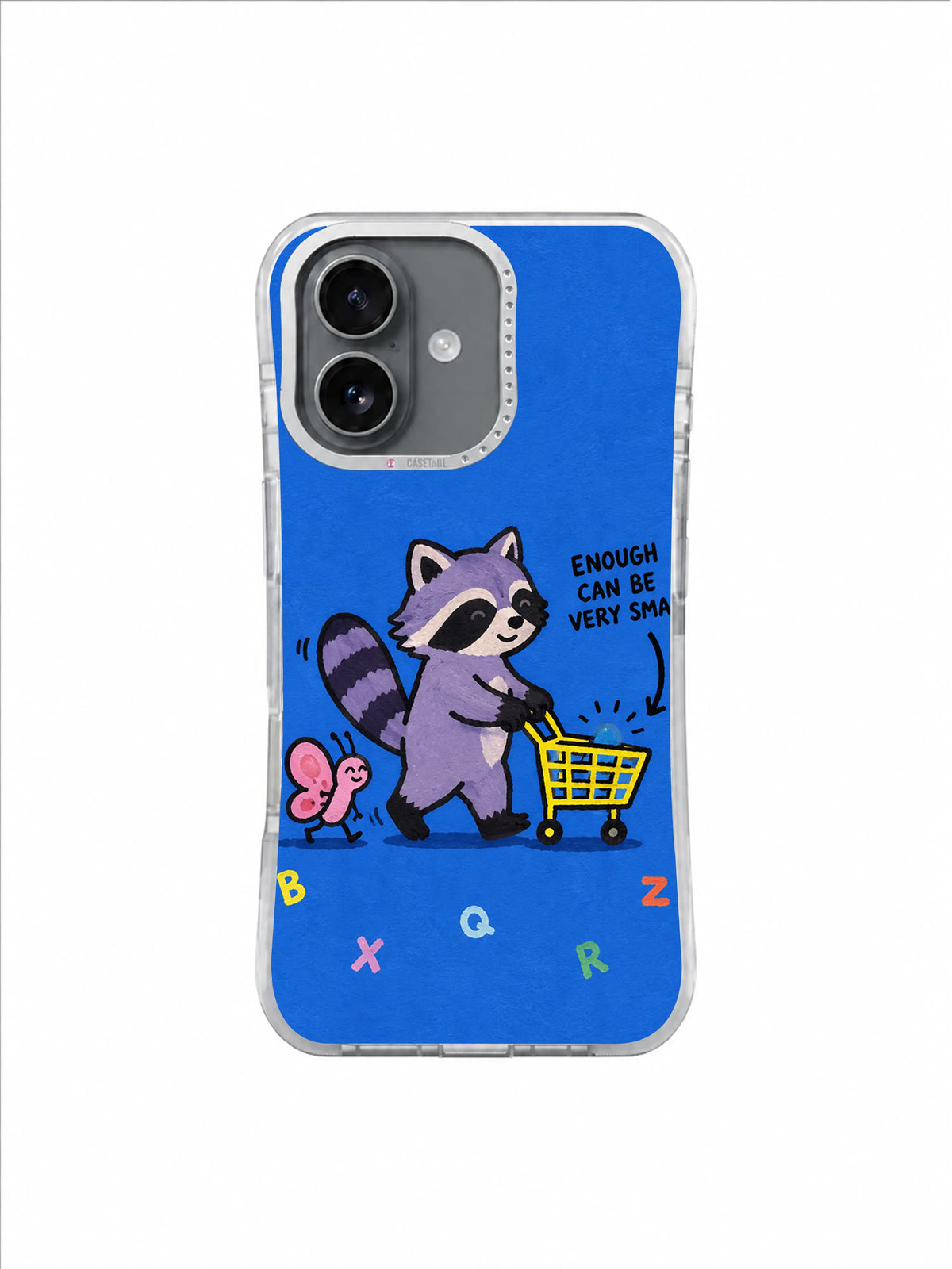 Blue Enough Journey artwork for Enough Can Be Very Small iPhone 16 Case with a lavender raccoon and one blue pebble
