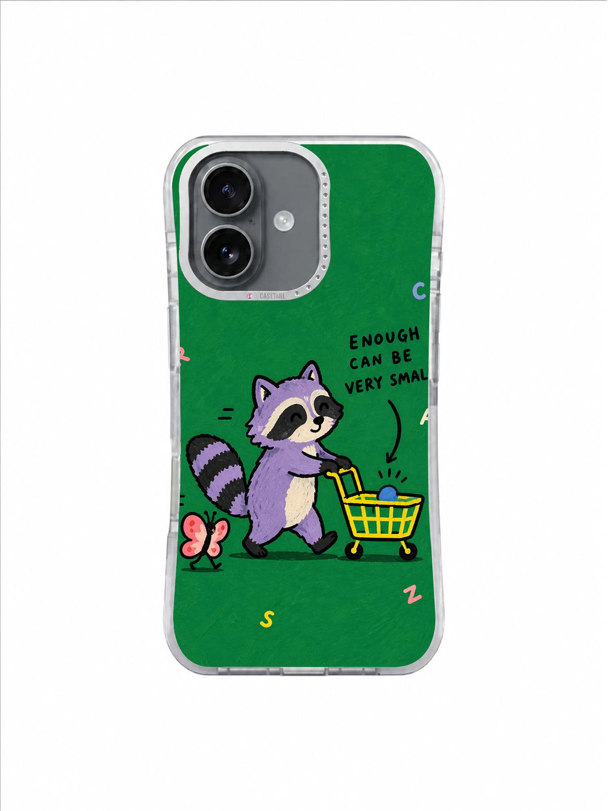 Green Butterfly Basket artwork for Enough Can Be Very Small iPhone 16 Case with hand-drawn raccoon and tiny shopping cart