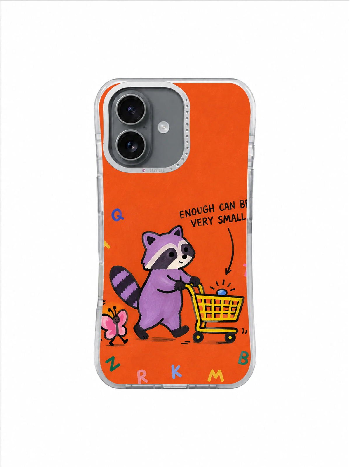Orange Raccoon Errand artwork for Enough Can Be Very Small iPhone 16 Case with a lavender raccoon, yellow cart, blue pebble, and pink butterfly