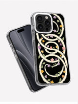 Black floral loop iPhone case displayed with a black phone at an angle