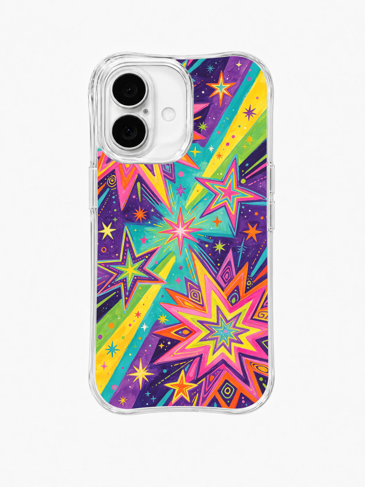 Rainbow Starburst Beams: Rainbow beams and layered starbursts radiate across a purple field.