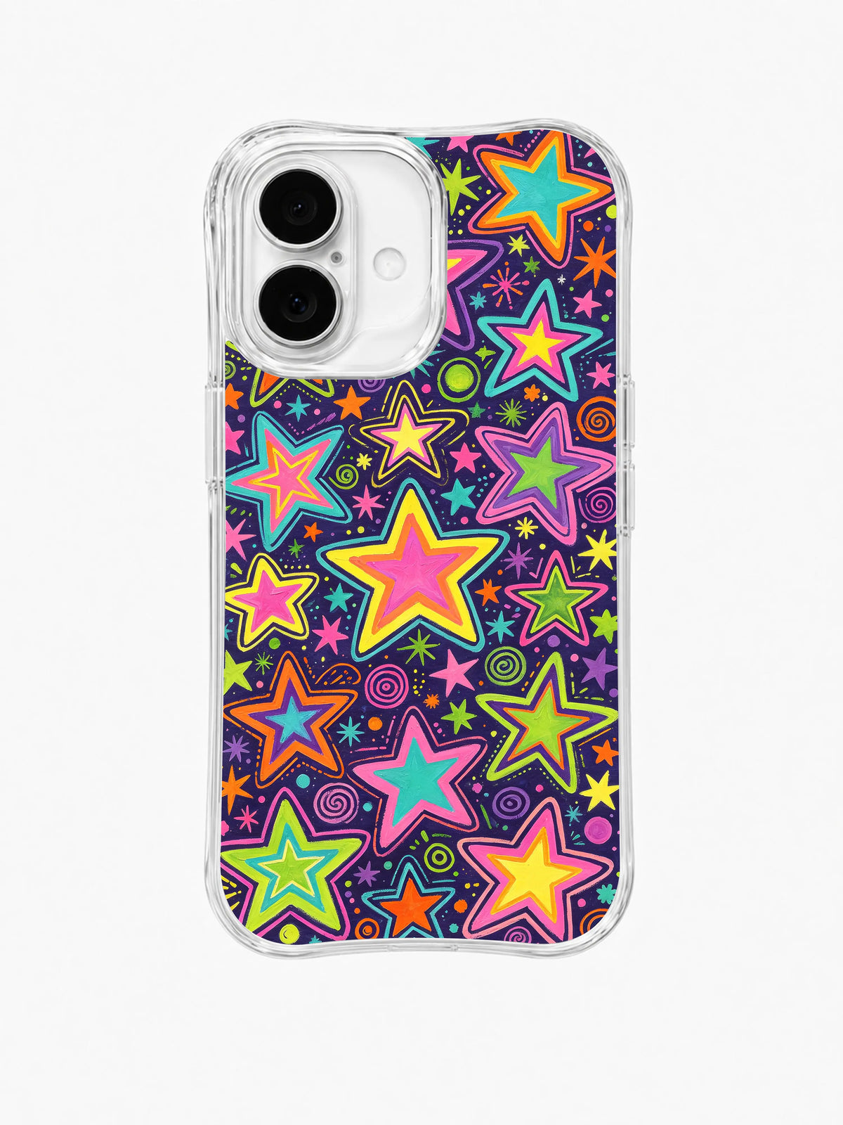 Neon Star Mosaic: Outlined neon stars form a dense multicolor mosaic on dark purple.