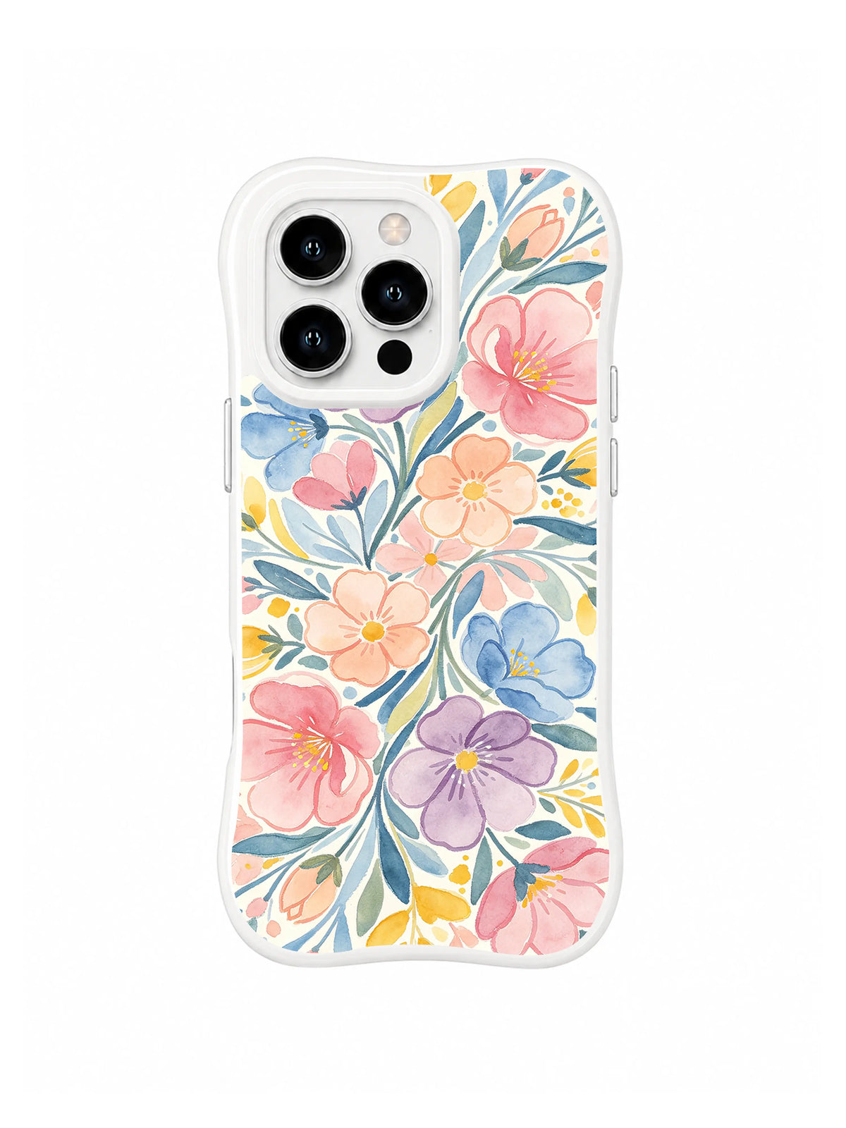 Pastel Blossom Tapestry: Pink, blue, peach and purple flowers interweave with soft blue leaves.