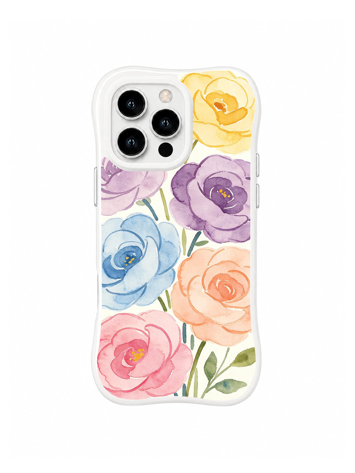Eternal Rose Cascade: Large yellow, purple, blue, peach and pink roses descend on white.