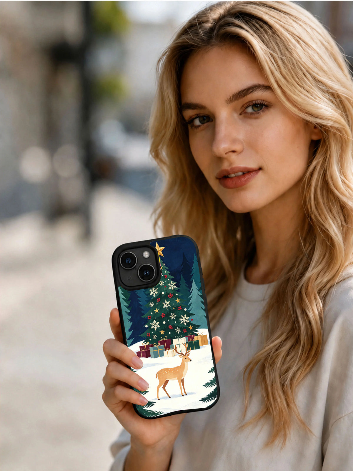 Person holding the evergreen Christmas finale reindeer iPhone 14 case