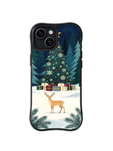 Light-caramel reindeer before an ornamented evergreen and gifts in a snowy valley iPhone 14 case, pattern one