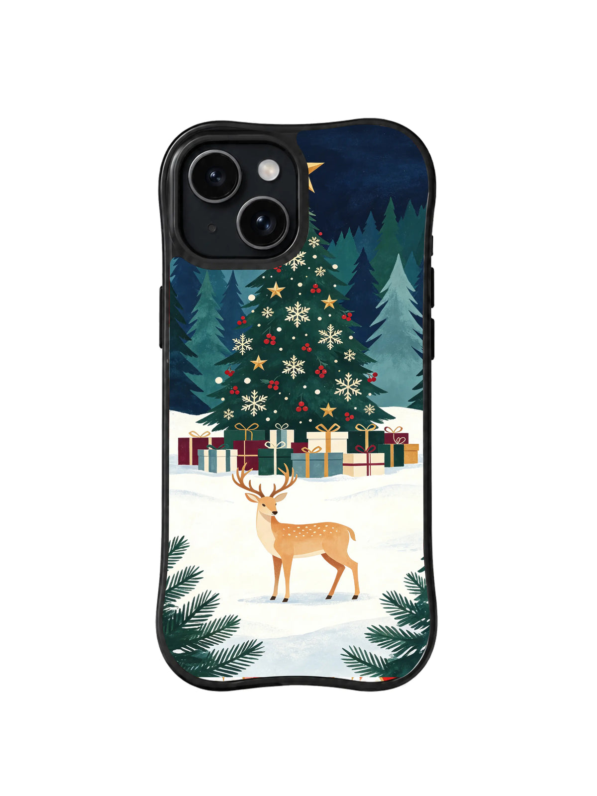 Antlered deer beneath a large evergreen with paper snowflakes and stars iPhone 14 case, pattern three