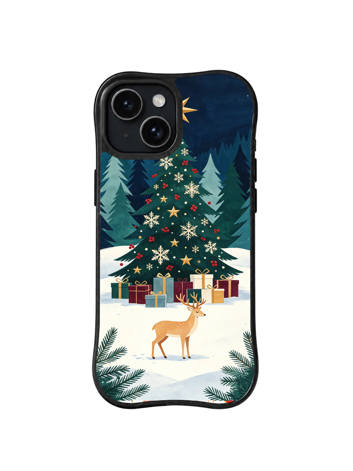 Snowy reindeer and gift-filled evergreen forest iPhone 14 case in midnight blue and emerald, pattern four