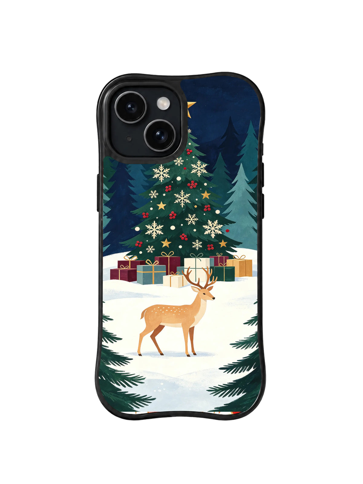 Caramel reindeer framed by fir branches below a Christmas tree and gold star iPhone 14 case, pattern five