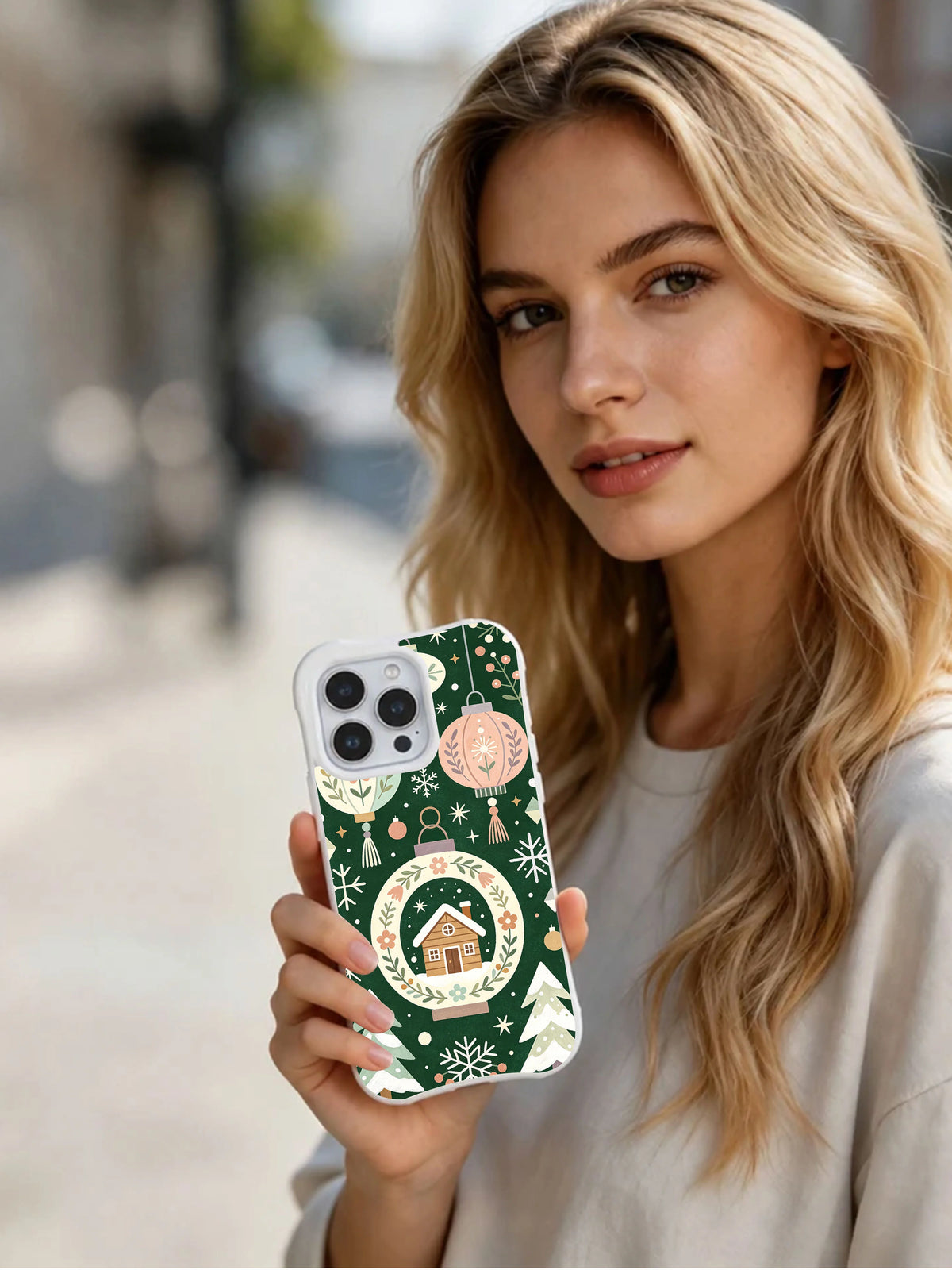 Lifestyle view of Evergreen Folk Lanterns iPhone 13 Pro case with round floral cottage lantern pattern