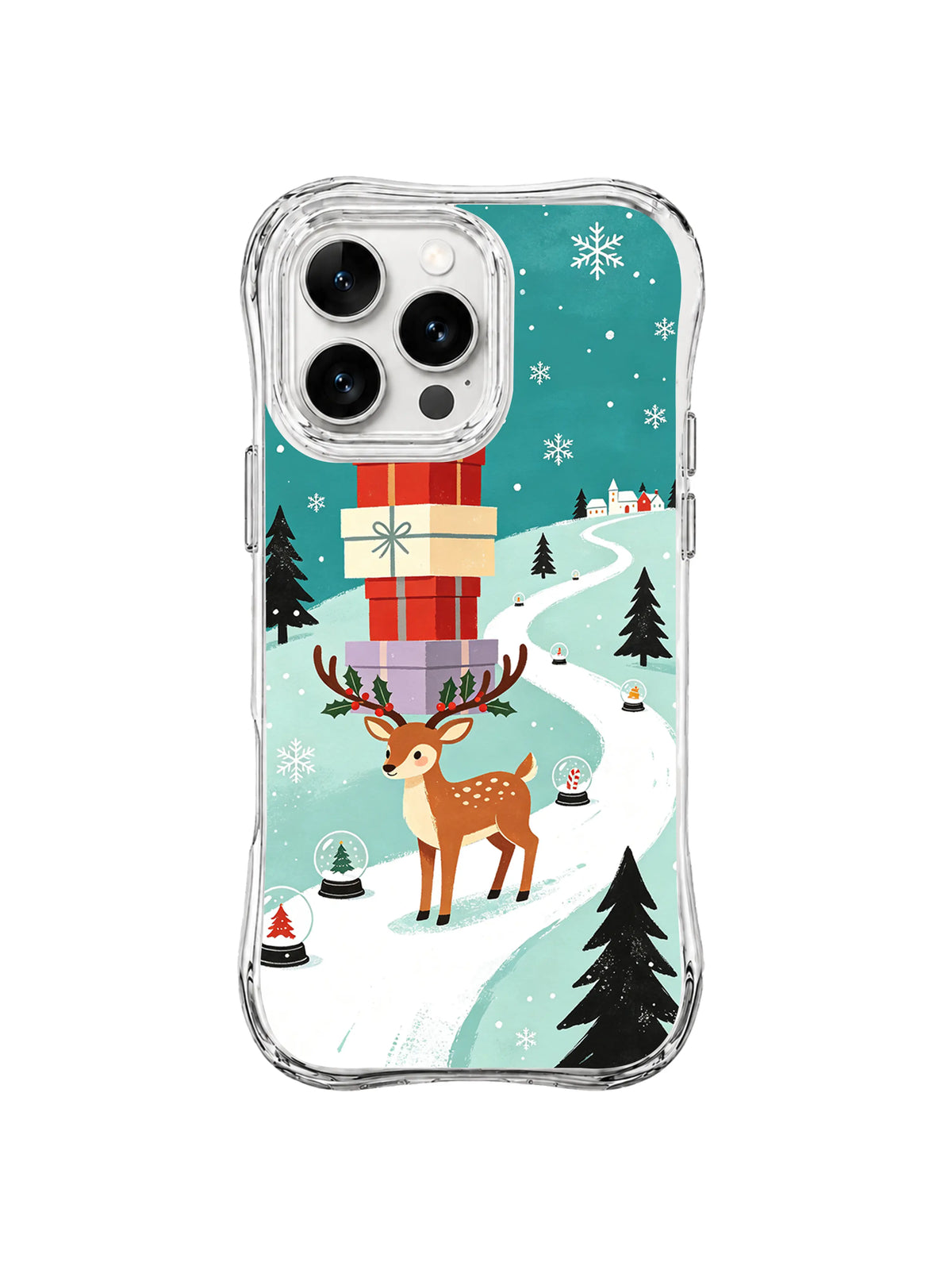 Evergreen gift bearer reindeer artwork on an iPhone 15 Pro case with a red parcel tower, mint sky and snowy forest