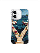 Evergreen Harbor iPhone 17 case with V-shaped dock, gift crates, sailboats and deep blue water